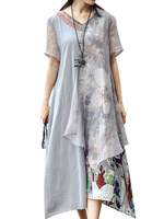 Vintage Women Patchwork Short Sleeve Printed Chiffon Dresses