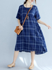 Vintage Women Plaid Short Sleeve Pocket Mi-Long Loose Dresses