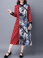 Vintage Women Plate Buckle Patchwork Split Long Sleeve Dresses