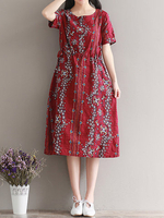 Vintage Women Printed Drawstring Short Sleeve Dresses