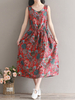 Vintage Women Printed Elastic Waist Sleeveless Long Maxi Dresses