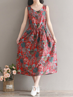 Vintage Women Printed Elastic Waist Sleeveless Long Maxi Dresses
