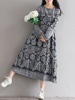 Vintage Women Printed Long Sleeve Loose Maxi Dresses