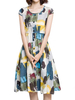 Vintage Women Printed Short Sleeve High Waist Buttons Dresses