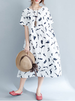 Vintage Women Printed Short Sleeve Pocket Loose Maxi Dresses