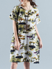 Vintage Women Printed Short Sleeve Side Pockets Dresses