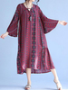 Vintage Women Printed V-Neck Flare Sleeve Side Split Dresses