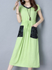 Vintage Women Short Sleeve Elastic Waist Pocket Maxi Dresses