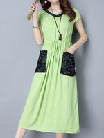 Vintage Women Short Sleeve Elastic Waist Pocket Maxi Dresses