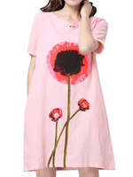 Vintage Women Short Sleeve O Neck Flower Printing Dress