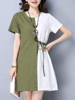 Vintage Women Short Sleeve Patchwork O-Neck Loose Dresses