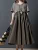 Vintage Women Short Sleeve Pocket Loose Mid-Long Dresses