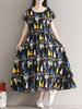 Vintage Women Short Sleeve Printed Drawstring O-neck Dresses