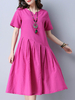 Vintage Women Short Sleeve Pure Color A-Line Dresses