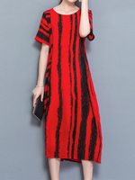 Vintage Women Short Sleeve Stripe O-Neck Mid-Long Dresses