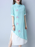 Vintage Women Short Sleeves False two pieces Embroidery Dresses