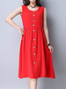 Vintage Women Sleeveless Pure Color Buttons High Waist Dresses