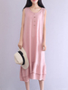 Vintage Women Sleeveless Pure Color Buttons Mid-Long Dresses