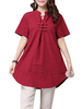 Vintage Women Solid Button Linen V-Neck Long Linen T-Shirt