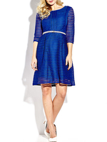 Vintage Women Solid Half Sleeve Hollow Out Stripe O Neck A-line Dress