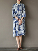 Vintage Women Stand Collar 3/4 Sleeve Print Dresses