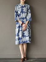 Vintage Women Stand Collar 3/4 Sleeve Print Dresses