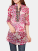 Vintage Women Stand Collar Half Sleeve Floral Printed Chiffon Blouse