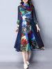 Vintage Women Stand Collar Printed Nine Point Sleeve Plate Buckle Dresses