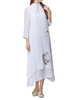 Vintage Women Stand Collar Printed Solid Color Dress