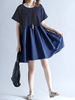 Vintage Women Stripe Patchwork Short Sleeve Mini Dresses