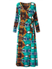 Vintage Women V Neck Print Pattern Slit Maxi Dress