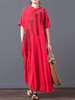 Vintage Women Wool Embroidered Short Sleeve Long Maxi Dresses