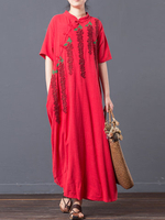 Vintage Women Wool Embroidered Short Sleeve Long Maxi Dresses