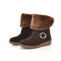 Warm Buckle Metal Folded Mid Claf Slip On Fur Lining Boots