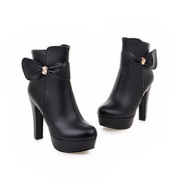 Waterproof High-Heeled Boots Side Zipper Ankle Boots With Bow Decoration