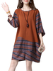 Women 3/4 Sleeve Stripe O Neck Patchwork Loose Vintage Dress
