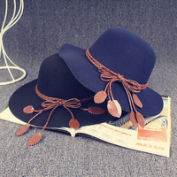 Women Adjustable Woolen Cap Leaves Lacing Floppy Wide Large Brimmed Sun Hat