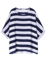 Women Batwing Sleeve Stripe Contrast Color Loose T-Shirt