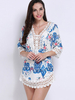 Women Boho V-neck Floral Print Hollow Lace Dress