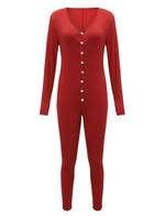 Women Button Pure Color Long Sleeve V-neck Jumpsuit