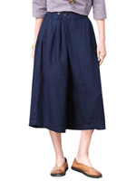 Women Button Stretch Waist Linen Palazzo Pants Loose Pocket Pants