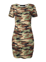 Women Camouflage Printed Short Sleeve O Neck Irregular Hem Mini Dress