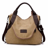 Women Canvas Casual Large Pocket Handbag Leather Handle Shoulder Bag Crossbody Bag