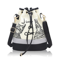 Women Canvas Cat Bucket Drawstring Backpack Crossbody Bag