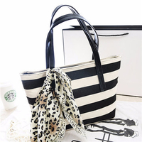 Women Canvas Striped Shoulder Bag Shopping Tote Handbag