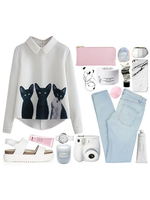 Women Cartoon Cat Printed Lapel Zipper Asymmetrical Blouse