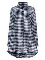 Women Casual Check Print Irregular Lapel Long Sleeve Mini Dress