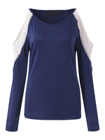 Women Casual Cold Shoulder Lace Stitching Long Sleeve T-shirt