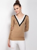 Women Casual Contrast Color V-neck Long Sleeve Sweater