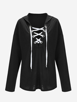 Women Casual Cross Strap Hooded V-neck Long Sleeve Sweatshirt